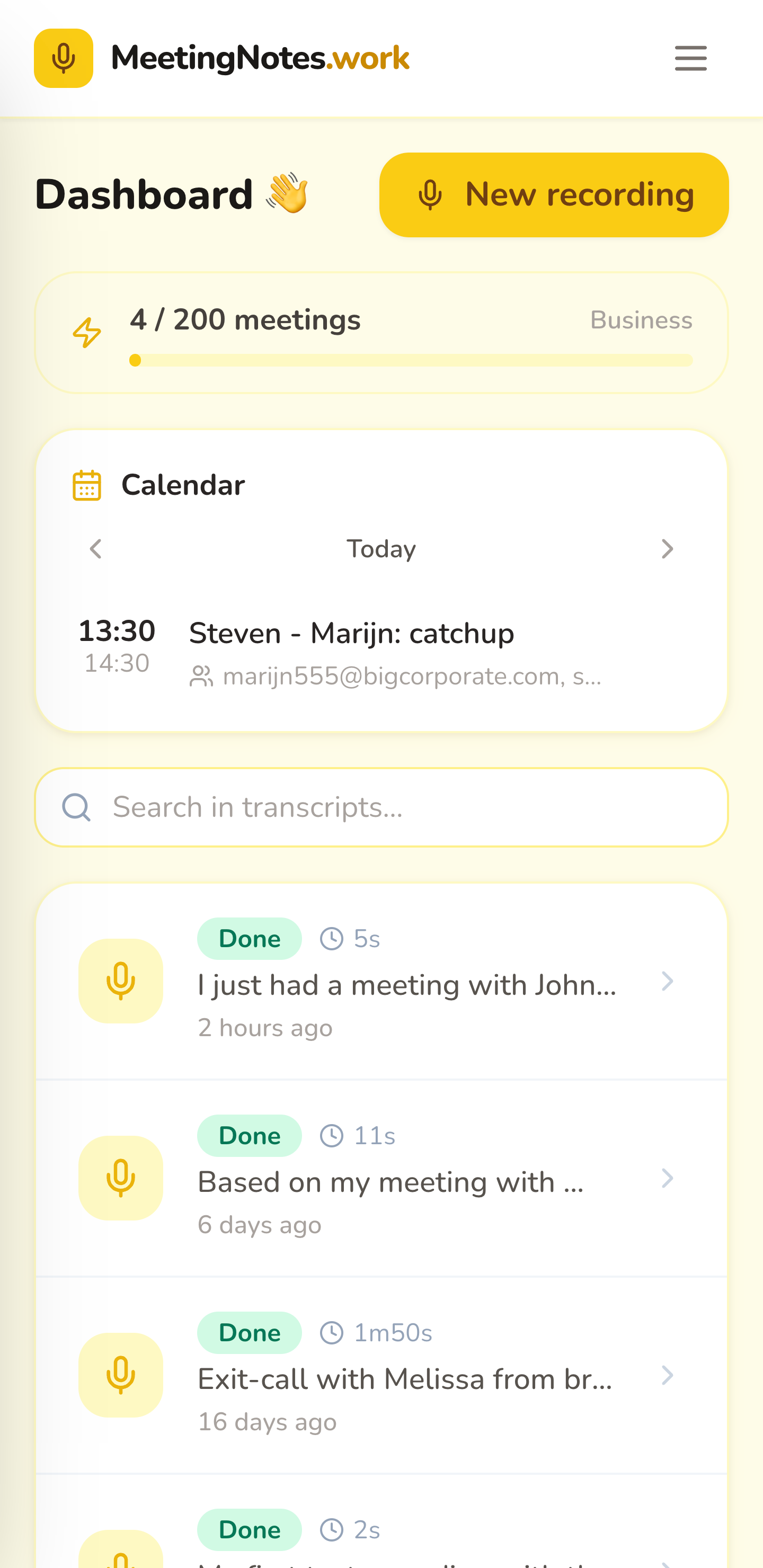 Dashboard with calendar and recordings
