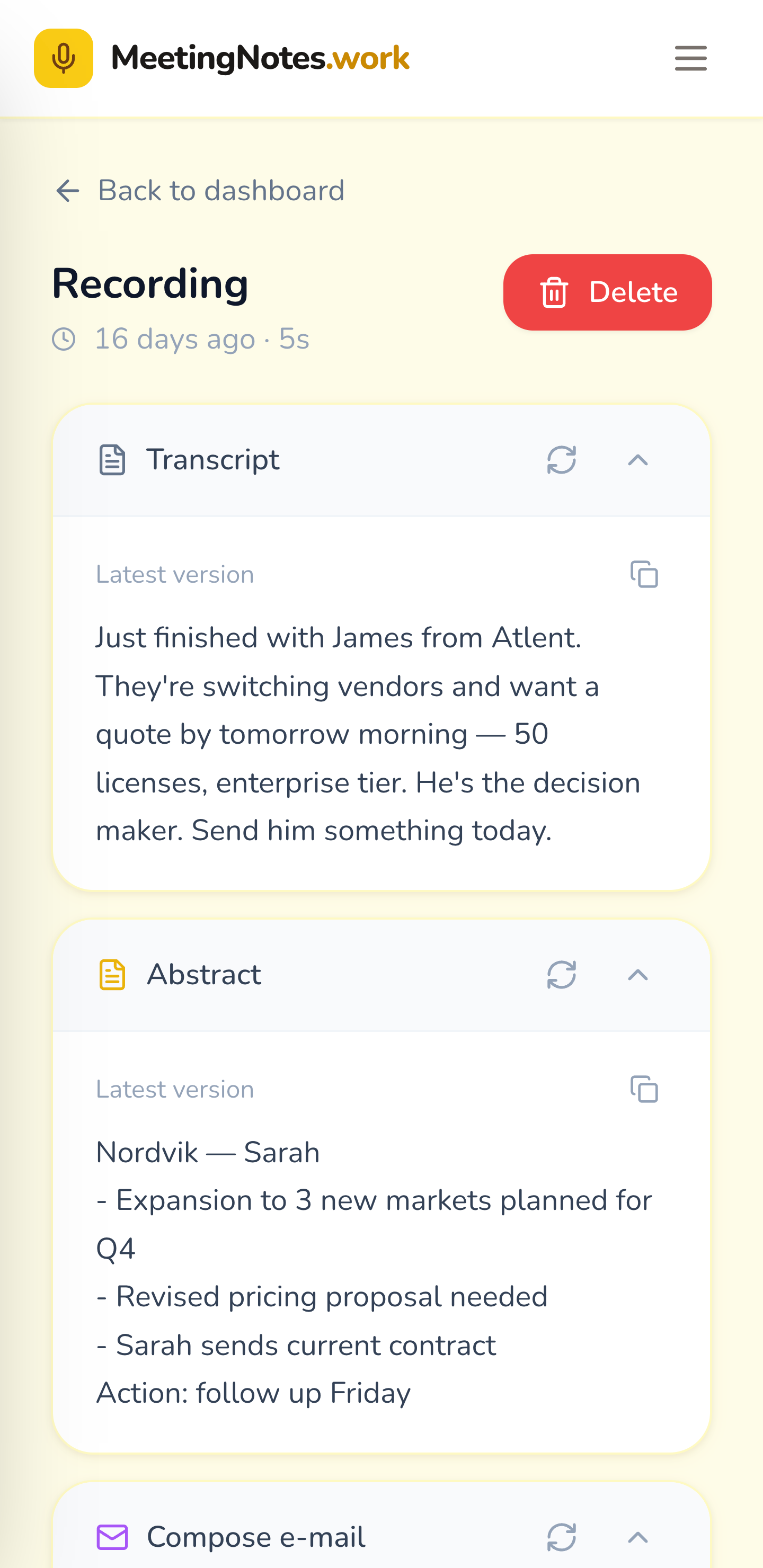 Transcript and AI-generated outputs